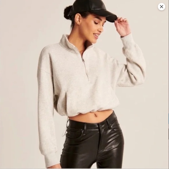 Abercrombie Soft A&F Cinch Hem Half Zip Pullover S Beige Oatmeal Cropped Bungee - Picture 12 of 12